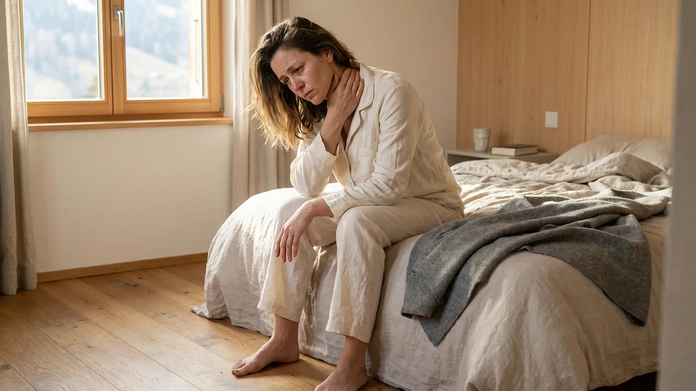 Frau wacht steif auf nach acht Stunden Schlaf - Schweizer Schlafzimmer am Morgen