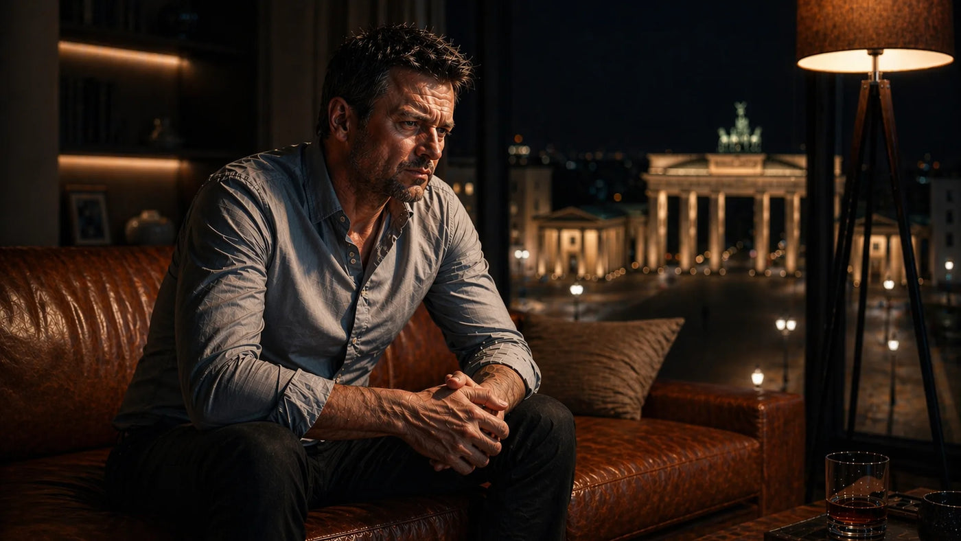 Mann sitzt abends angespannt auf dem Sofa und kommt nicht zur Ruhe
